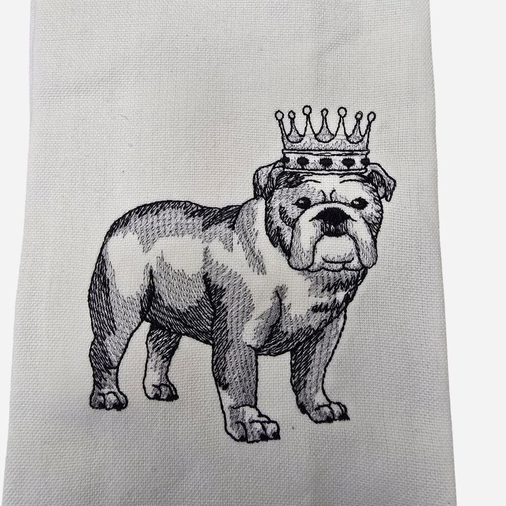 White cotton tea towel with black line drawing of a bulldog wearing a crown